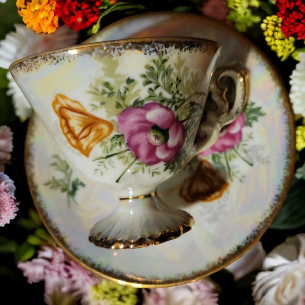 Vtg August Poppy Iridescent Demitasse Footed Cup Saucer Heavy Gold Accents